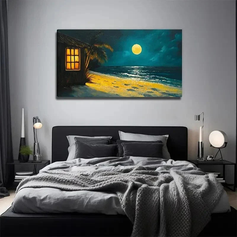 Moon House By The Sea Perfect Wall Art Canvas Office Home Room Framed 80x45cm