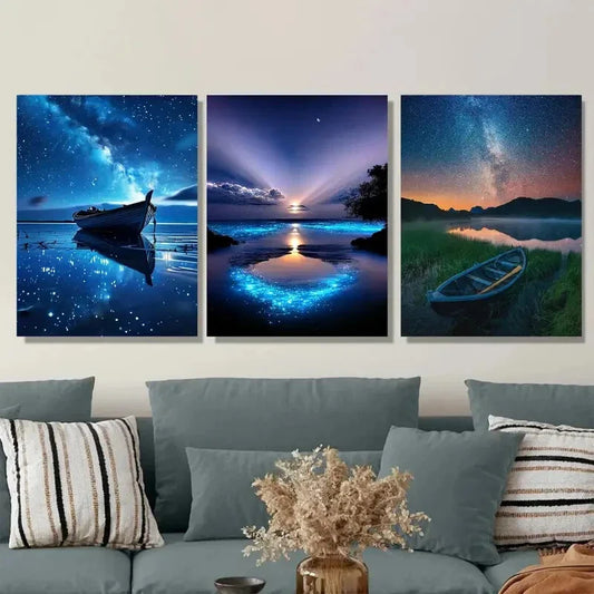 3pcs Starry Night Sky Blue Galaxy Landscape Metal Print Ready to Hang Art