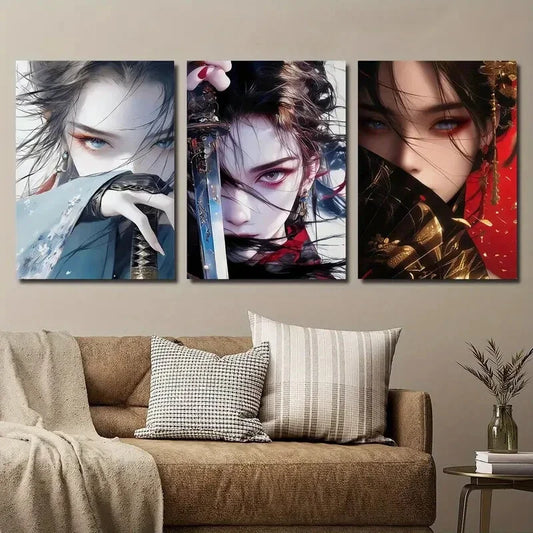 3pcs Girl Anime Swordsman Female Metal Print Ready to Hang Art