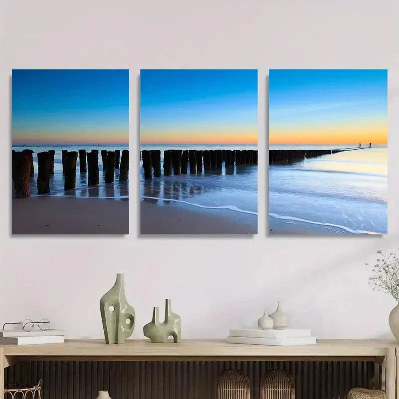 3pcs Serene Beach Sunset Tranquil Ocean Metal Print Ready to Hang Art