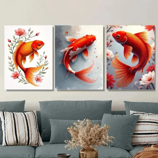 3pcs Vintage Goldfish Elegant Koi Fish Floral Wall Art Set Canvas Framed 40x60cm - High Quality Print 100% Australian Made Wall Canvas Ready to Hang