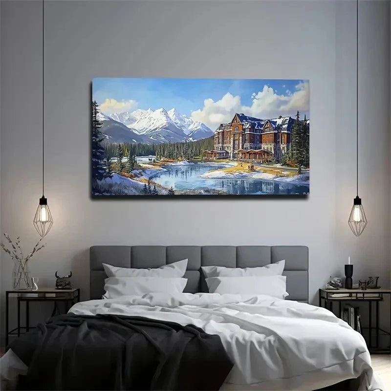 Castle Snow Mountain Lake Wall Art Canvas Office Home Room Framed 80x45cm