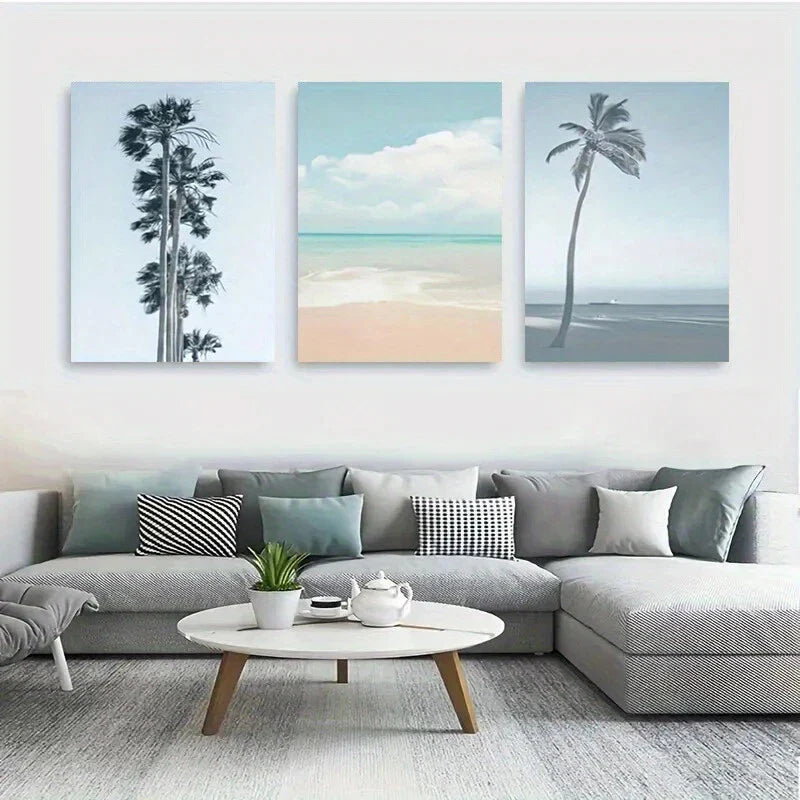3pcs Serene Beach Palm Tree Blue Tones Metal Print Ready to Hang Art