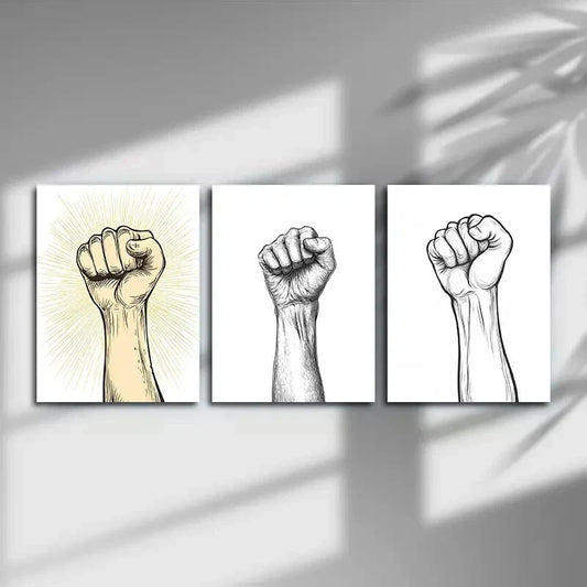 3pcs Raised Fist Gold Black Lines Metal Print Ready to Hang Art
