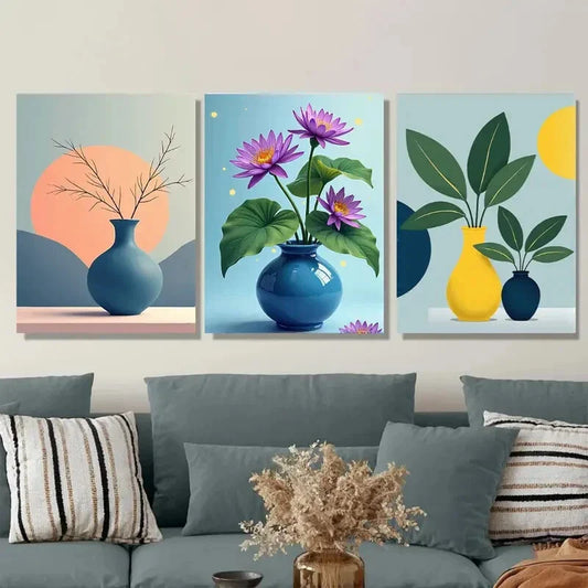 3pcs Bright Flower And Vase Triptych Modern Wall Art Set Canvas Framed 40x60cm - High Quality Print 100% Australian Made Wall Canvas Ready to Hang