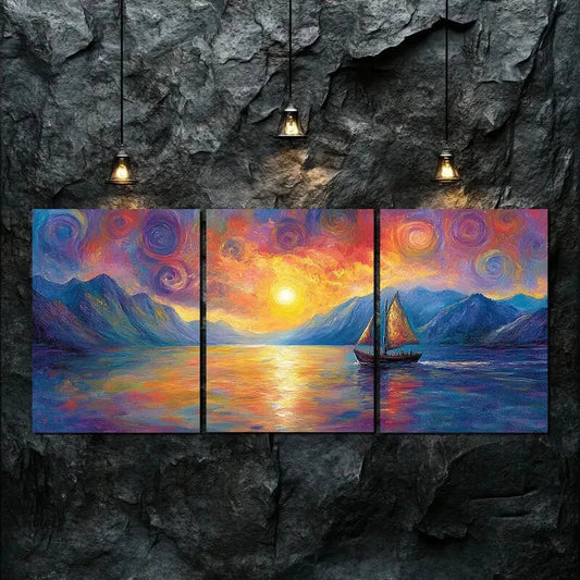 3pcs Boat Navigating On The River Perfect Wall Art Set Canvas Framed 40x60cm - High Quality Print 100% Australian Made Wall Canvas Ready to Hang