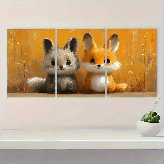 3pcs Cute Fox & Hedgehog Black Eyes Metal Print Ready to Hang Art