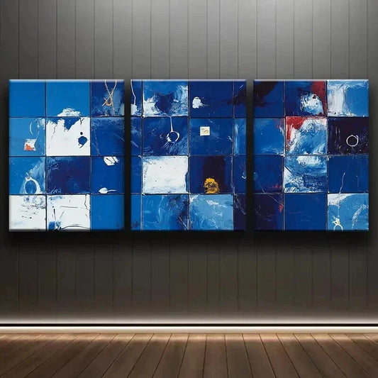 3pcs Abstract Blue and White Geometric Grid Wall Art Set Canvas Framed 40x60cm - High Quality Print 100% Australian Made Wall Canvas Ready to Hang