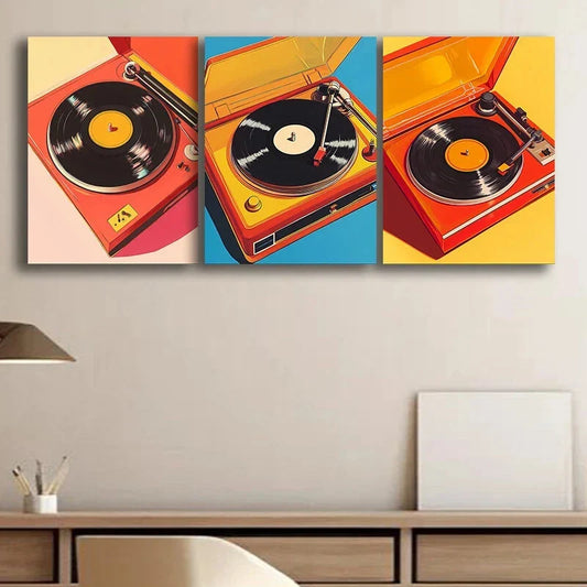 3pcs Vinyl Record Player Retro Style Metal Print Ready to Hang Art