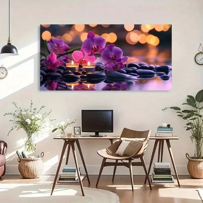 Purple Orchid Candlelight Water Wall Art Canvas Office Home Room Framed 120x60cm