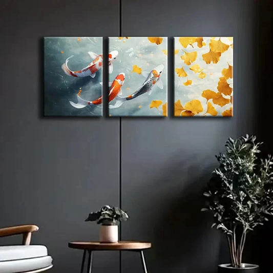 3pcs Watercolor Koi Fish and Fall Leaves Perfect Wall Art Set Canvas Framed 40x60cm - High Quality Print 100% Australian Made Wall Canvas Ready to Hang
