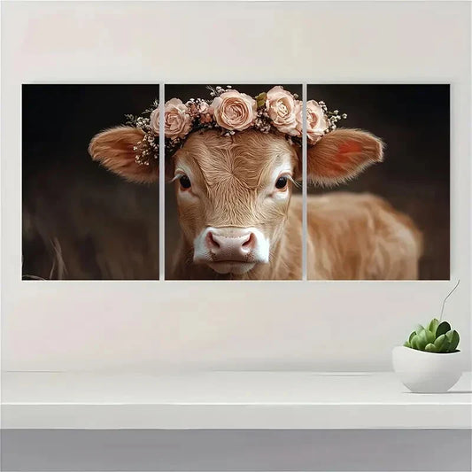 3pcs Charming Baby Cow with Floral Metal Print Ready to Hang Art