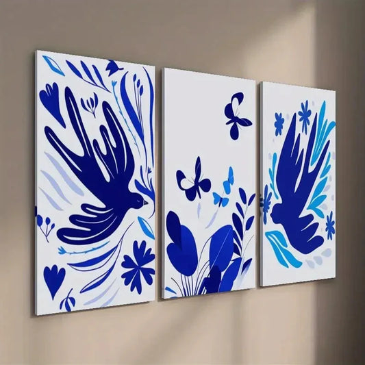 3pcs Vibrant Blue Flowers Birds & Butterflies Wall Art Set Canvas Framed 40x60cm - High Quality Print 100% Australian Made Wall Canvas Ready to Hang