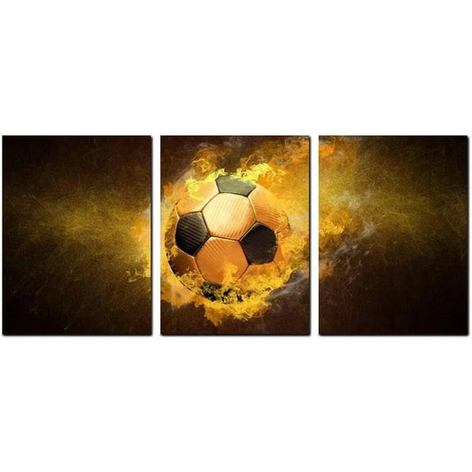 3pcs Golden Fire Soccer Vibrant Colors Metal Print Ready to Hang Art