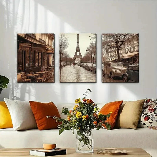 3pcs Vintage Parisian Streetscape Eiffel Tower Metal Print Ready to Hang Art