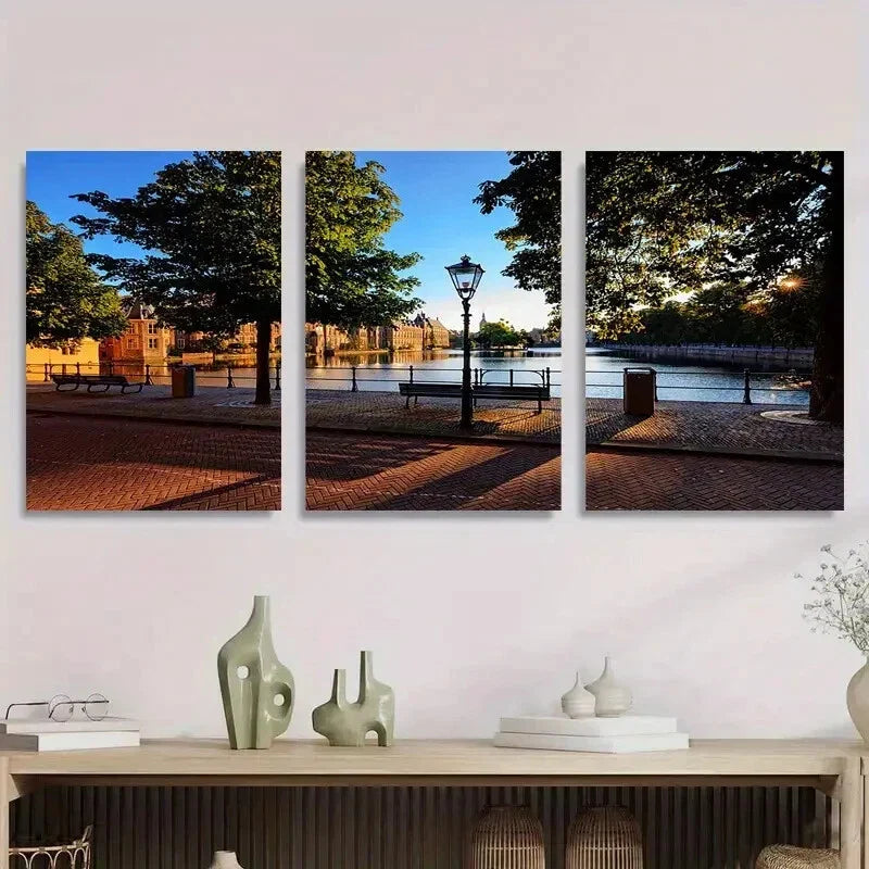 3pcs Serene Canal Side Park Peaceful Waterfront Metal Print Ready to Hang Art