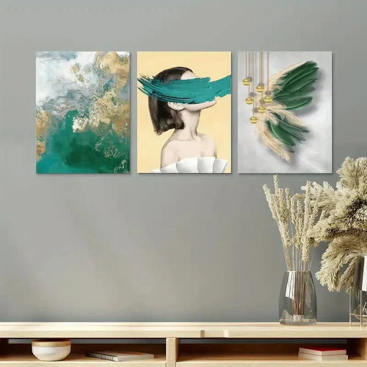 3pcs Abstract Feather Woman Metal Print Ready to Hang Art