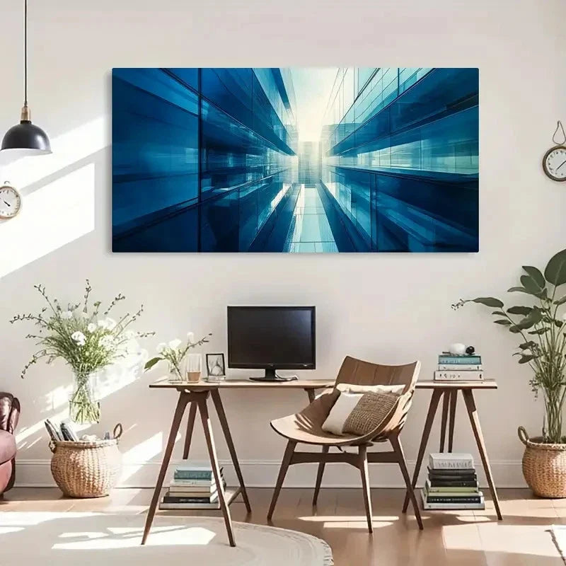 Symmetrical Blue Glass Light Wall Art Canvas Office Home Room Framed 120x60cm