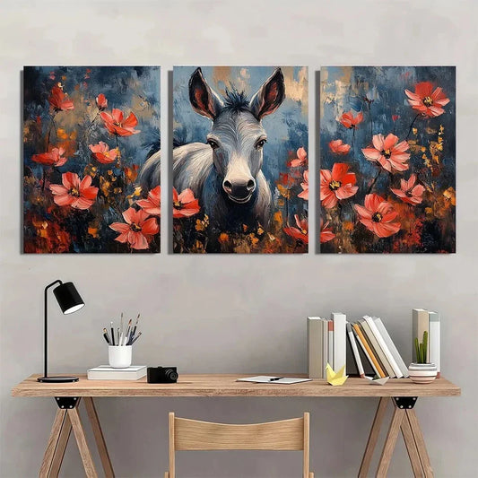 3pcs Dark Blue & Golden Accents Donkey Floral Metal Print Ready to Hang Art