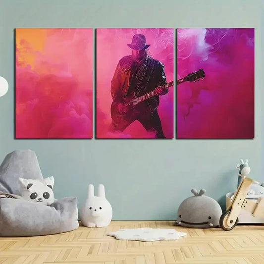 3pcs Guitarist Red Theme Shadow Metal Print Ready to Hang Art
