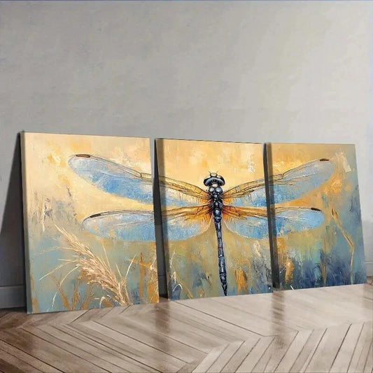 3pcs Watercolor Blue Dragonfly Decoration Wall Art Set Canvas Framed 40x60cm - High Quality Print 100% Australian Made Wall Canvas Ready to Hang