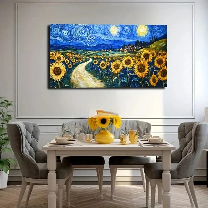 Sunflowers Under The Moonlight Wall Art Canvas Office Home Room Framed 120x60cm