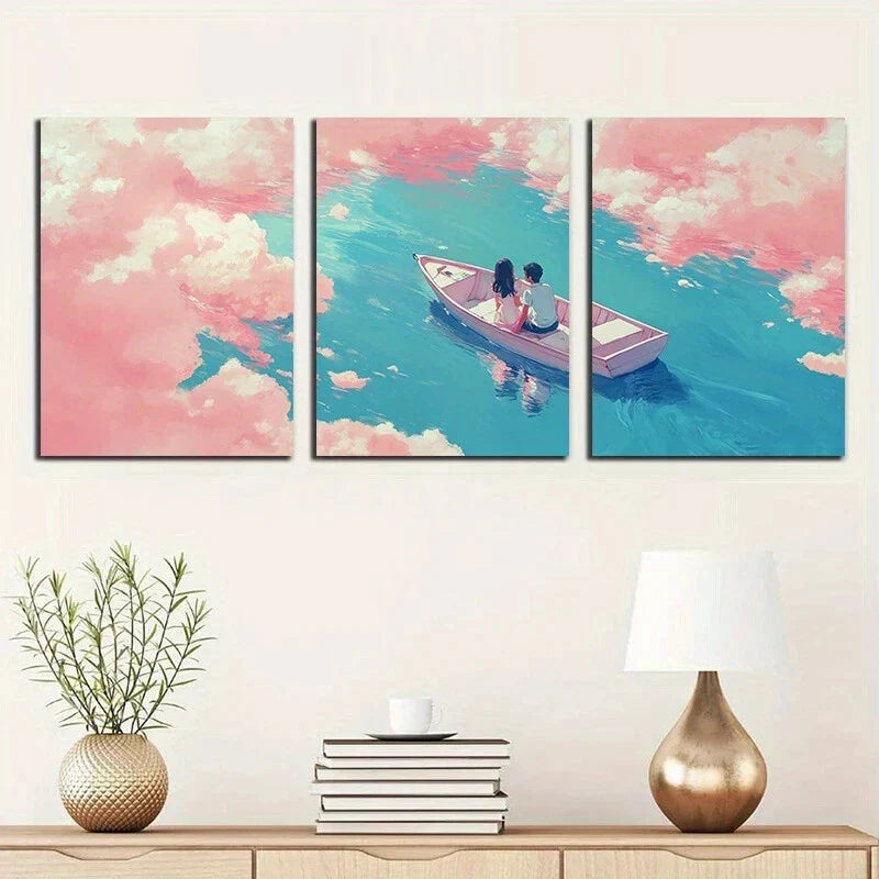 3pcs Romantic Boat with Cloud Metal Print Ready to Hang Art