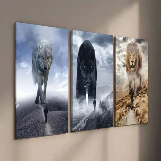 3pcs Giant Wolf Black Panther Lion & Tiny Human Wall Art Set Canvas Framed 40x60cm - High Quality Print 100% Australian Made Wall Canvas Ready to Hang
