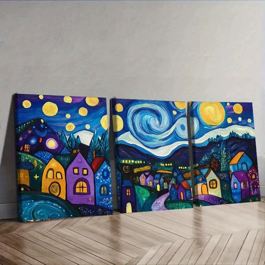 3pcs Starry Night Village Dark Moonlight Perfect Wall Art Set Canvas Framed 40x60cm - High Quality Print 100% Australian Made Wall Canvas Ready to Hang