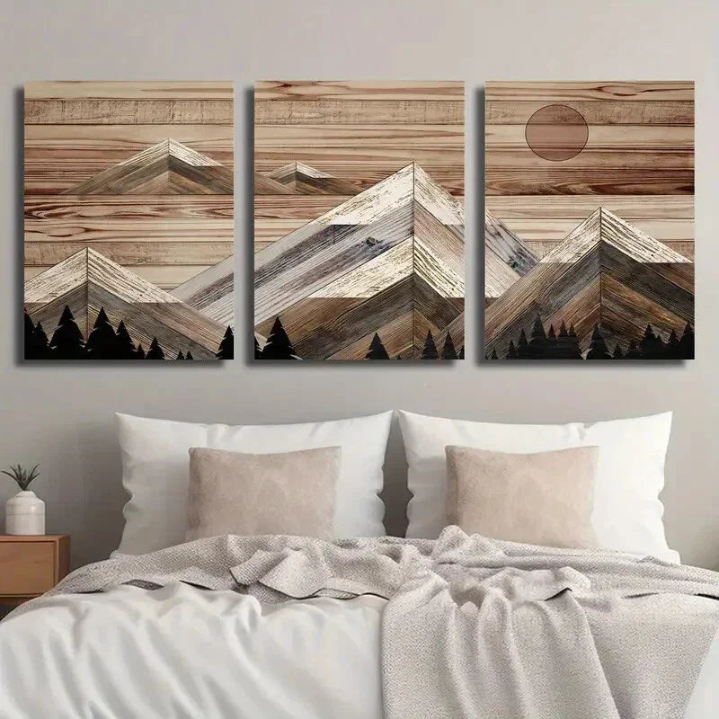 3pcs Mountains and Red Sun Background Wall Art Set Canvas Framed 40x60cm - High Quality Print 100% Australian Made Wall Canvas Ready to Hang