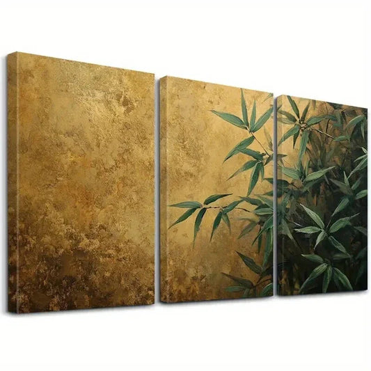 3pcs Green Leaves on Golden Background Wall Art Set Canvas Framed 40x60cm - High Quality Print 100% Australian Made Wall Canvas Ready to Hang