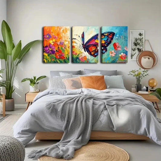 3pcs Vibrant Butterfly and Flower Triptych Wall Art Set Canvas Framed 40x60cm - High Quality Print 100% Australian Made Wall Canvas Ready to Hang