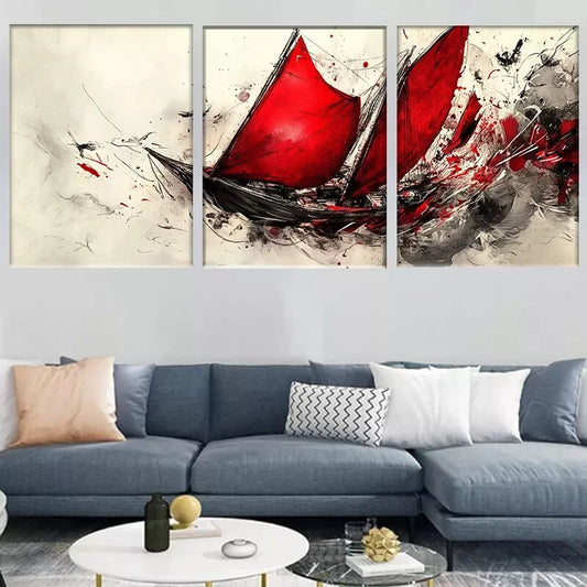3pcs Abstract Sailing Ship Bold Red Sails Wall Art Set Canvas Framed 40x60cm - High Quality Print 100% Australian Made Wall Canvas Ready to Hang