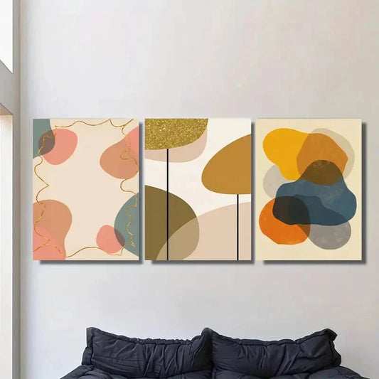 3pcs Vibrant Geometric Canvas Prints with Golden Metal Print Ready to Hang Art