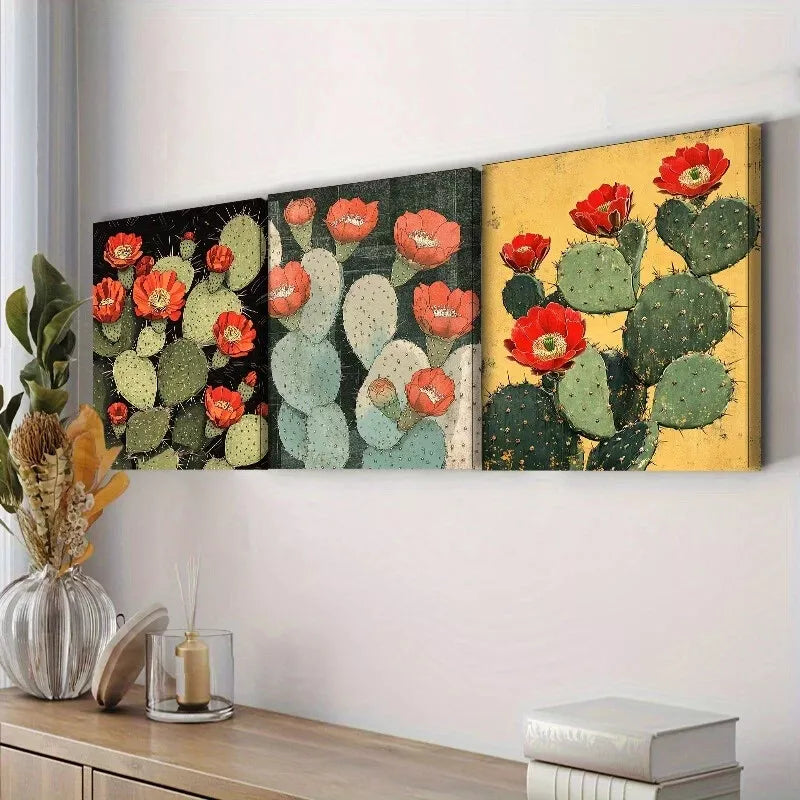 3pcss Featuring Blooming Cacti Wall Art Set Canvas Framed 40x60cm - High Quality Print 100% Australian Made Wall Canvas Ready to Hang