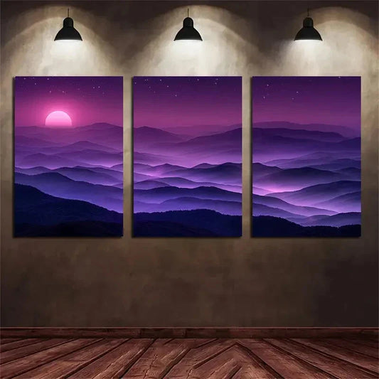 3pcs Purple Sky Sunset Mountain Range Metal Print Ready to Hang Art