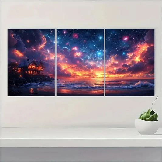 3pcs Bright Warm Waffle House Scene Colorful Metal Print Ready to Hang Art