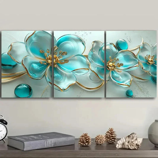 3pcs Turquoise Glass Flowers Colourful Metal Print Ready to Hang Art