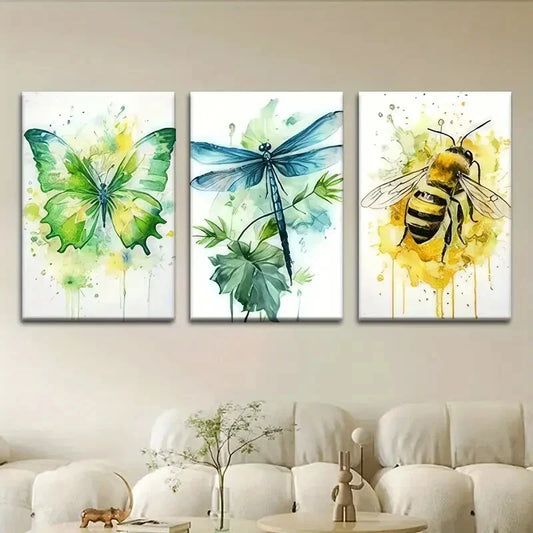 3pcs Vibrant Abstract Butterfly & Dragonfly Metal Print Ready to Hang Art