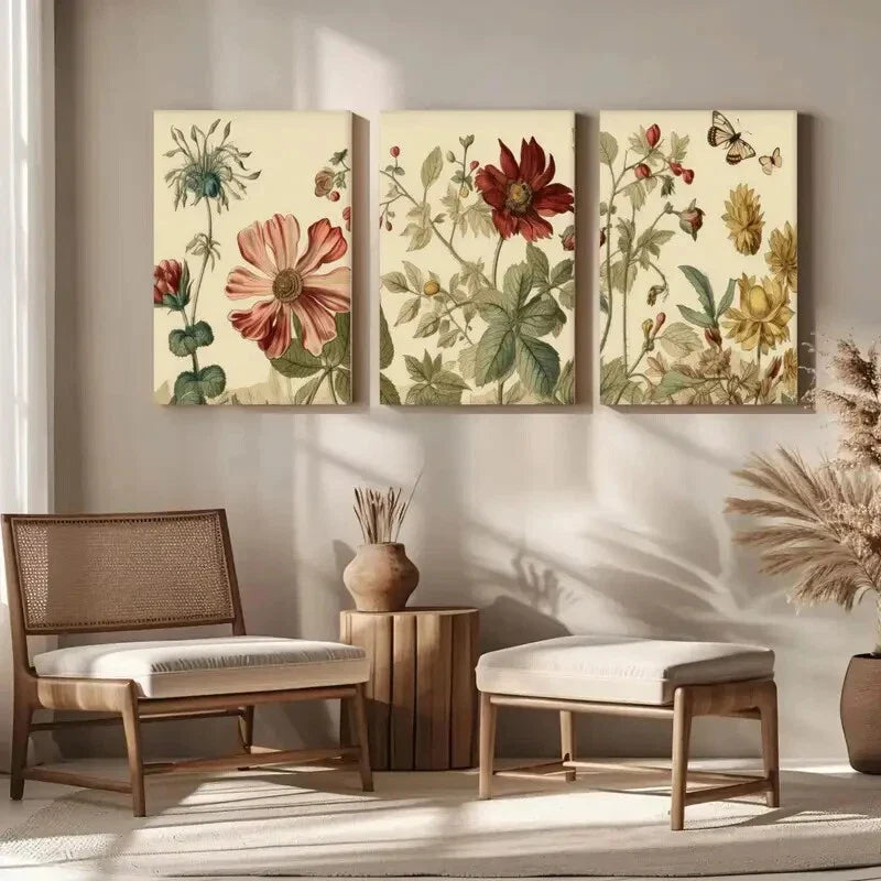 3pcs Botanical Design Triptych Colorful Floral Metal Print Ready to Hang Art