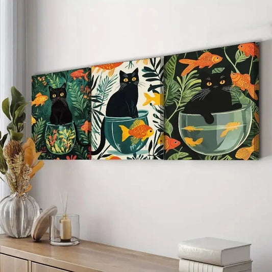 3pcs Black Cats Colorful Orange Fish Perfect Wall Art Set Canvas Framed 40x60cm - High Quality Print 100% Australian Made Wall Canvas Ready to Hang
