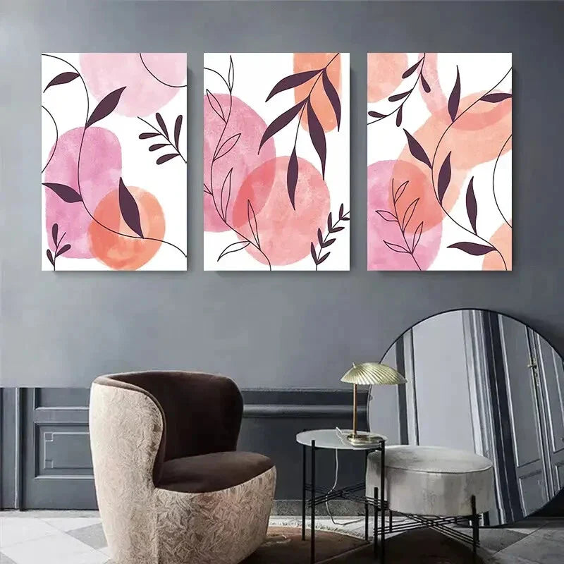 3pcs Pink and Orange Watercolor Leaves and Circle Metal Print Ready to Hang Art
