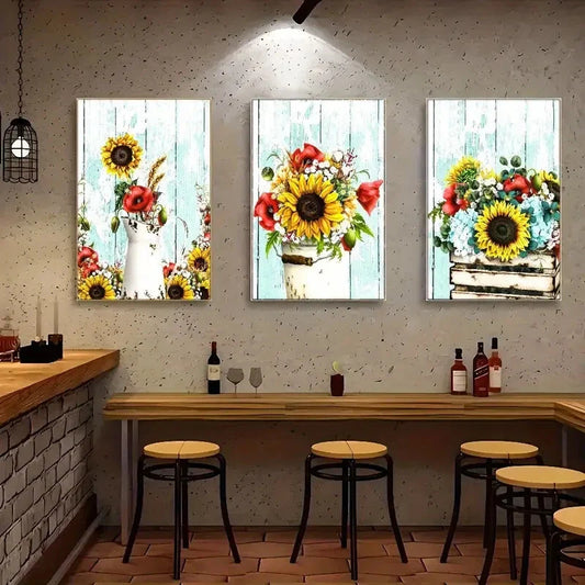 3pcs Sunflower Art Vintage Dormitory Poster Metal Print Ready to Hang Art
