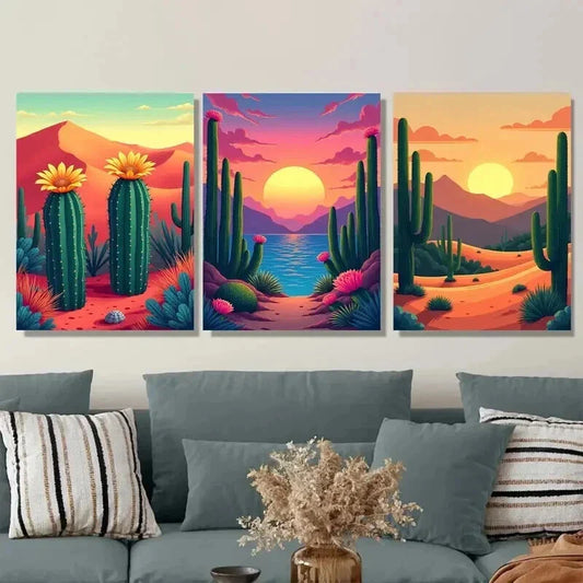 3pcs Vibrant Cactus Sunset Oasis Triptych Wall Art Set Canvas Framed 40x60cm - High Quality Print 100% Australian Made Wall Canvas Ready to Hang
