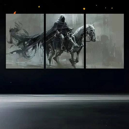 3pcs Knight Horse Black & Gray Metal Print Ready to Hang Art