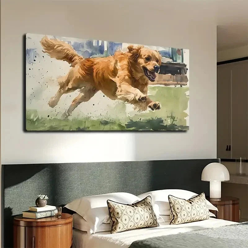 Golden Retriever Running Deco Wall Art Canvas Office Home Room Framed 120x60cm
