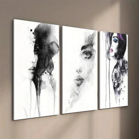 3pcs Black and White Female Portrait Wall Art Set Canvas Framed 40x60cm - High Quality Print 100% Australian Made Wall Canvas Ready to Hang