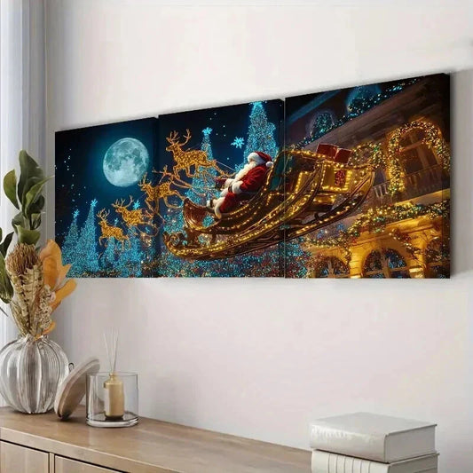 3pcs Festive Santa Claus Sleigh Ride Wall Art Set Canvas Framed 40x60cm - High Quality Print 100% Australian Made Wall Canvas Ready to Hang