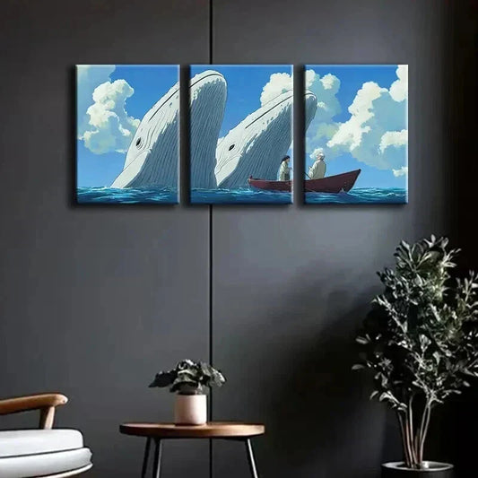 3pcs Whale and the Boy Blue Sky Nature Perfect Wall Art Set Canvas Framed 40x60cm - High Quality Print 100% Australian Made Wall Canvas Ready to Hang