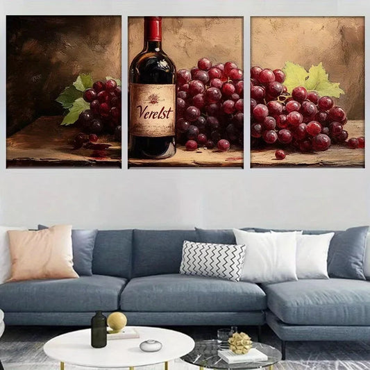 3pcs Wine Bottle and Grapes Rustic Kitchen Wall Art Set Canvas Framed 40x60cm - High Quality Print 100% Australian Made Wall Canvas Ready to Hang